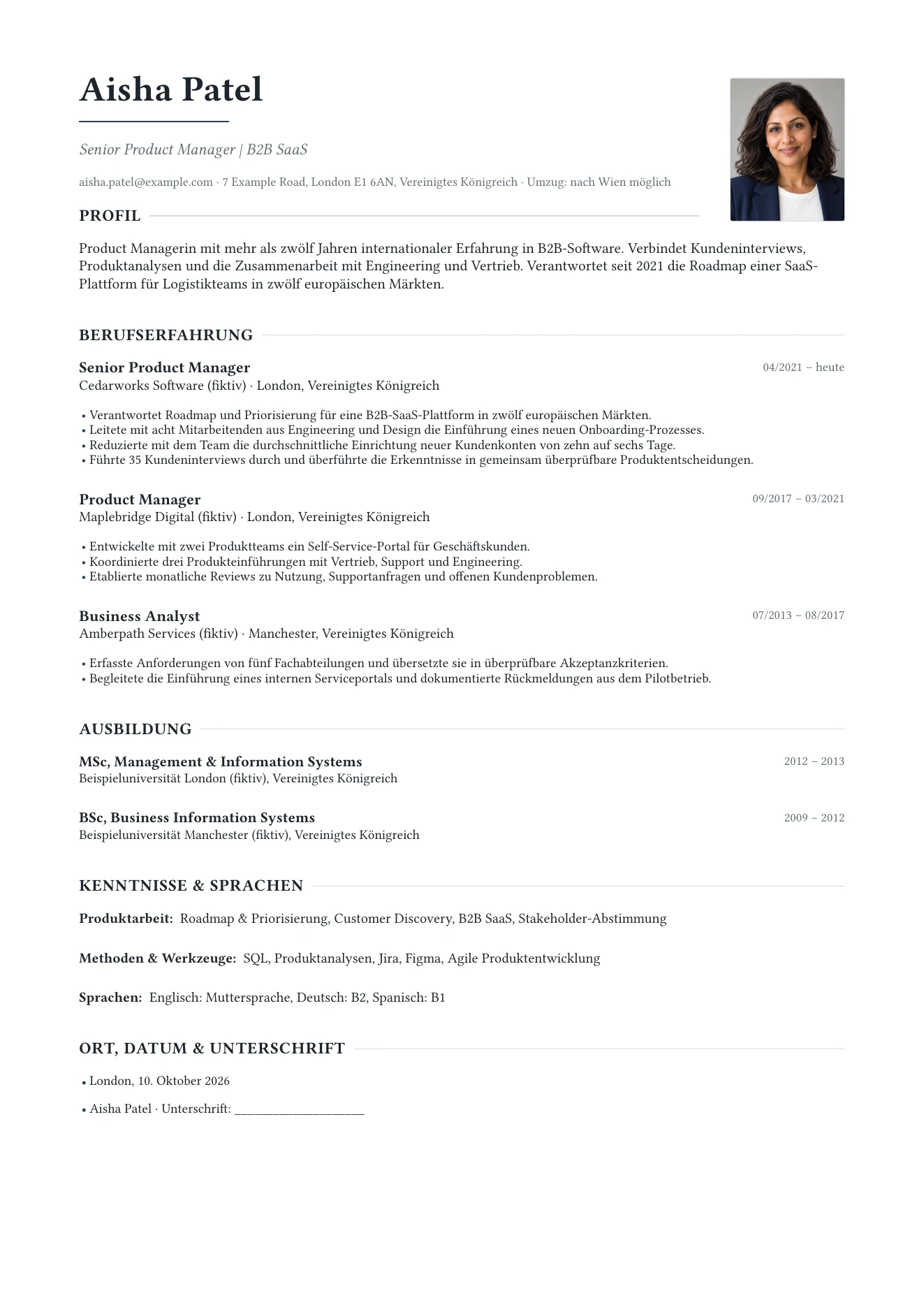 CV for Aisha Patel: twelve years of international experience, three roles, education and languages. Page 1.