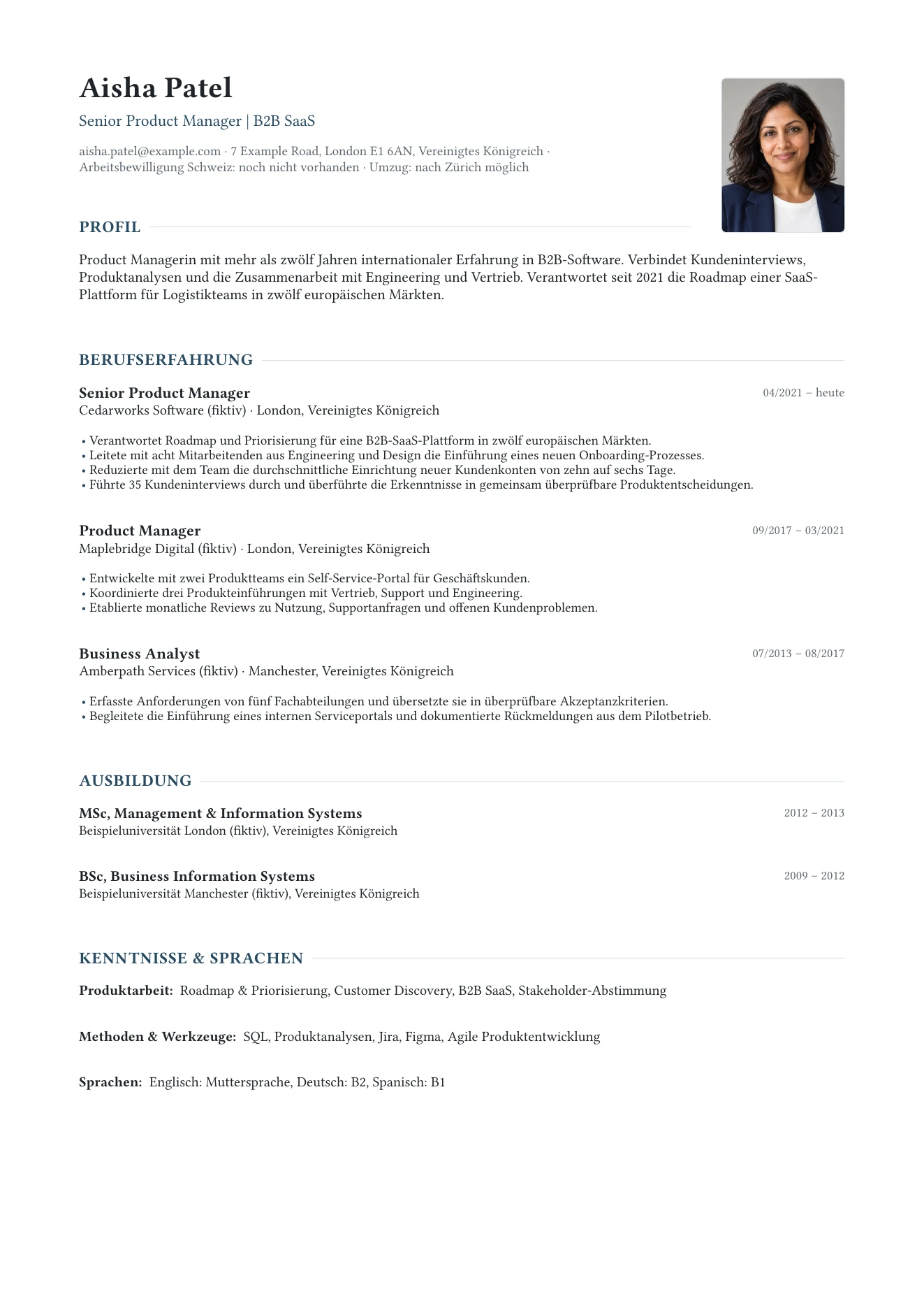 CV for Aisha Patel: twelve years of international experience, three roles, education and languages. Page 1.