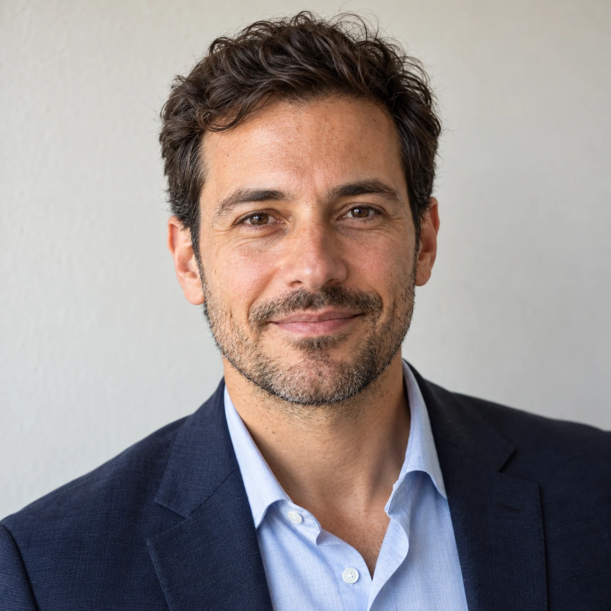 Male candidate in professional clothing with studio lighting — fictional AI example.